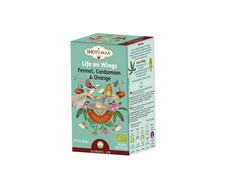 Infusión ayurvédica de hierbas de hinojo, cardamomo y naranja - Life on Wings 16 bolsitas infusoras de 2g Haris Treasures