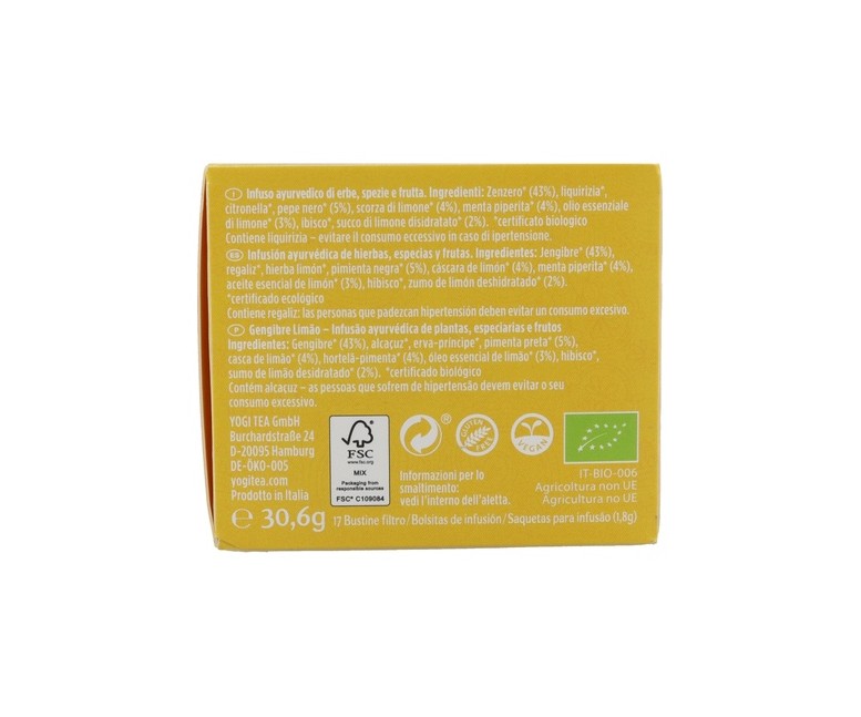 Infusión ayurvédica Jengibre y Limón 17 bolsitas infusoras de 1.8g Yogi Tea