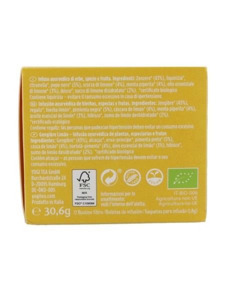 Infusión ayurvédica Jengibre y Limón 17 bolsitas infusoras de 1.8g Yogi Tea