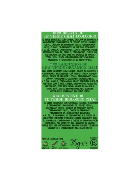 Infusión té verde chai Bio 20 bolsitas infusoras Cupper
