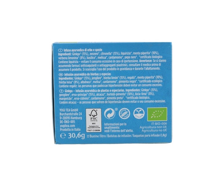 Infusión ayurvédica Ginkgo 17 bolsitas infusoras de 1.8g Yogi Tea