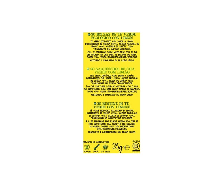 Infusión té verde de limón Bio 20 bolsitas infusoras Cupper