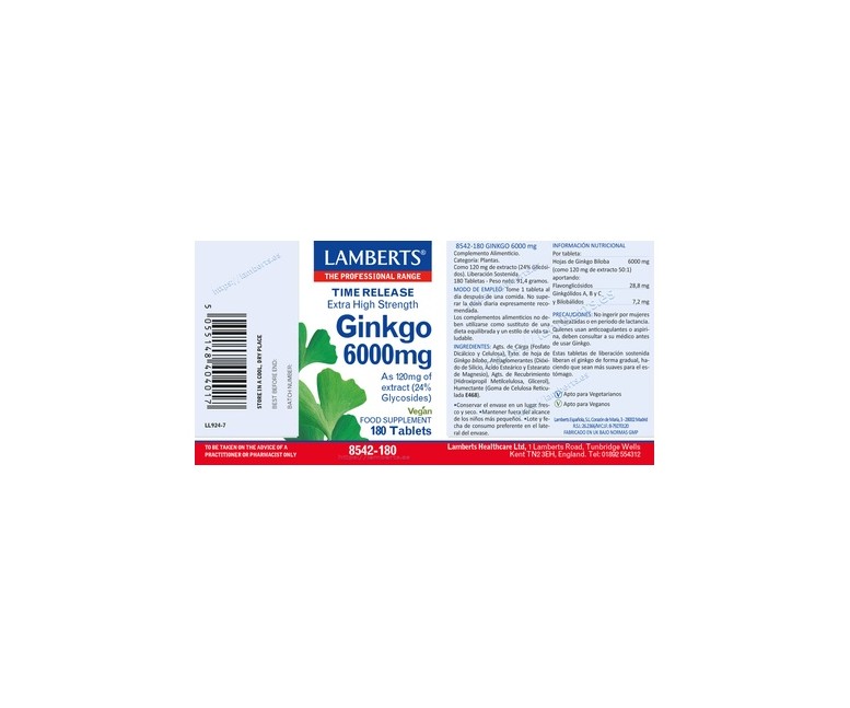 Ginkgo biloba 6000mg 180 tabletas de 6000mg Lamberts