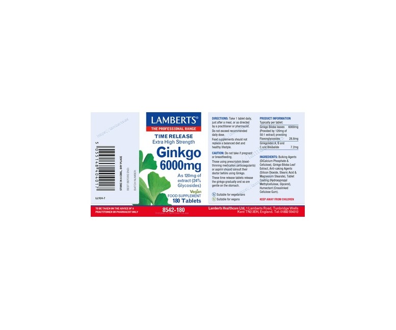 Ginkgo biloba 6000mg 180 tabletas de 6000mg Lamberts