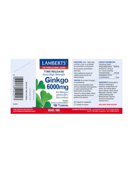 Ginkgo biloba 6000mg 180 tabletas de 6000mg Lamberts