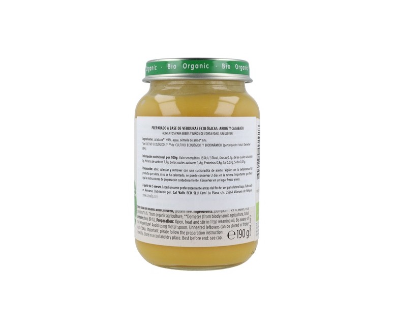 Tarrito de Calabaza con Arroz Bio 4m+ 190 g (Calabaza - Verduras) Holle