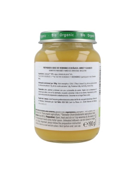 Tarrito de Calabaza con Arroz Bio 4m+ 190 g (Calabaza - Verduras) Holle