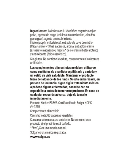 Mirtilo extracto de baya con arándano (Vaccinium myrtillus) 60 cápsulas vegetales Solgar