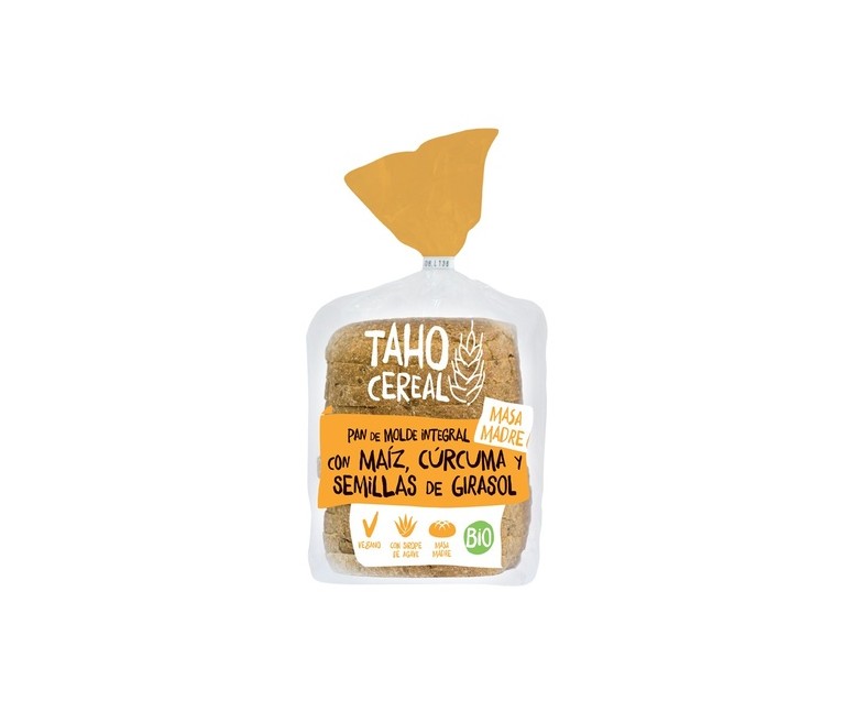 Pan de molde integral con maíz, cúrcuma y semillas de girasol, con masa madre
Bio 400 g Taho Cereal