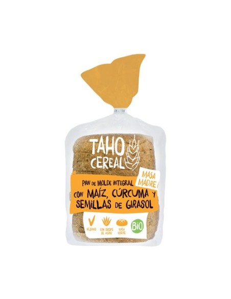 Pan de molde integral con maíz, cúrcuma y semillas de girasol, con masa madre
Bio 400 g Taho Cereal