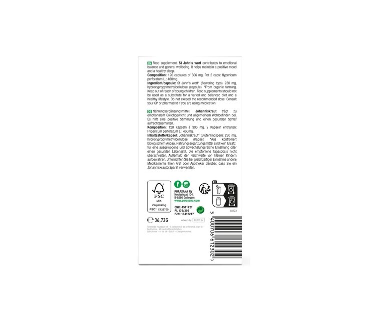 Hipérico vegano bio 120 cápsulas Purasana