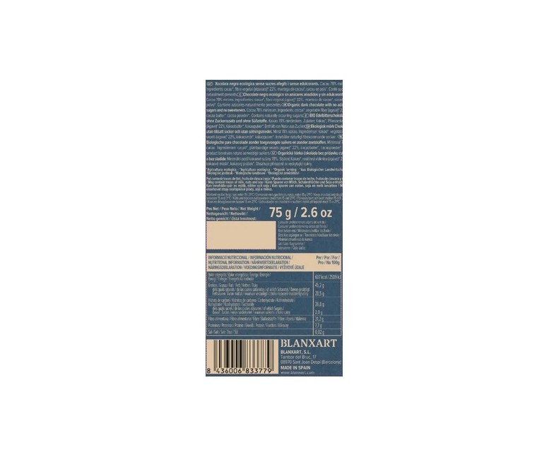 Chocolate Brasil 78% Eco sin azúcares añadidos y sin edulcorantes 75 g Blanxart