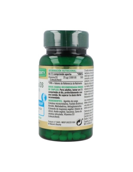Vitamina D3 (1000 ui) 100 tabletas de 25μg Nature's Bounty