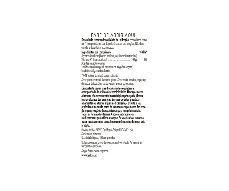 Vitamina K1 100 comprimidos de 100μg Solgar