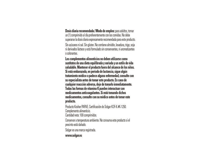 Vitamina K1 100 comprimidos de 100μg Solgar