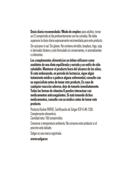 Vitamina K1 100 comprimidos de 100μg Solgar