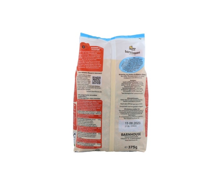 Muesli Krunchy Joy de Amapola, Fresa y Limón 375 g Barnhouse