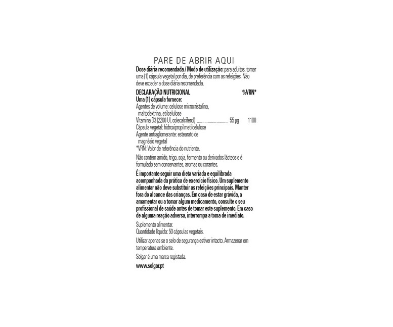 Vitamina D3 2200 UI 50 cápsulas vegetales de 55mg Solgar