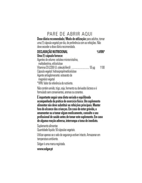 Vitamina D3 2200 UI 50 cápsulas vegetales de 55mg Solgar