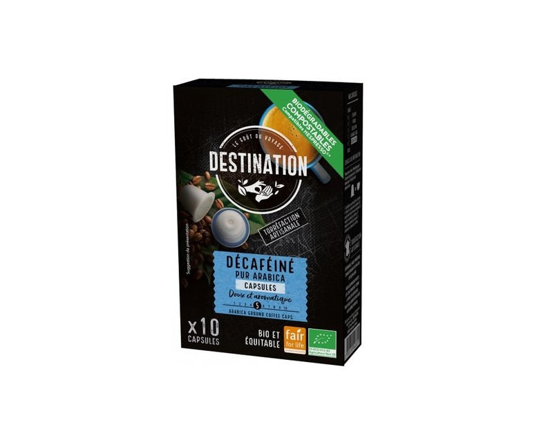 Cápsulas biodegradables Pur Arabica descafeinado 10 cápsulas Destination Bio
