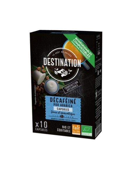 Cápsulas biodegradables Pur Arabica descafeinado 10 cápsulas Destination Bio