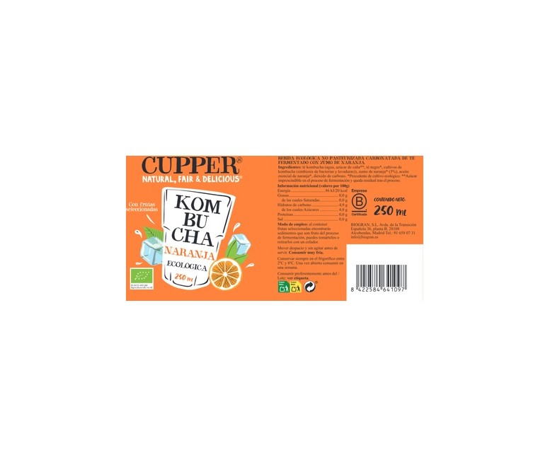 Kombucha de naranja Bio 250 ml (Naranja) Cupper
