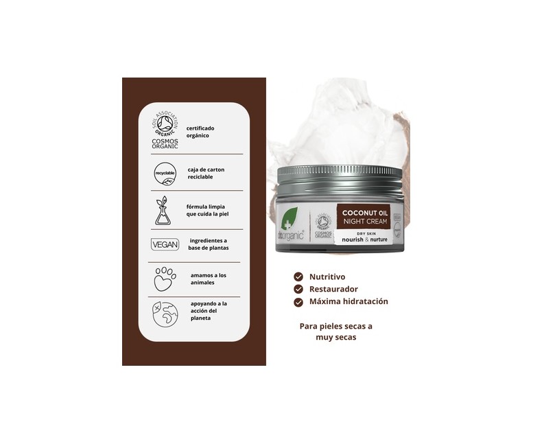 Crema de noche Aceite de Coco Virgen Orgánico 50 ml de crema Dr. Organic