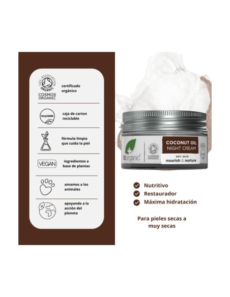 Crema de noche Aceite de Coco Virgen Orgánico 50 ml de crema Dr. Organic