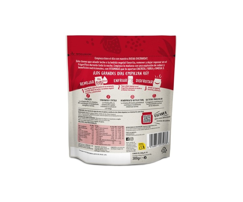 Avena overnight energía 300 g de polvo (Fresa) Linwoods