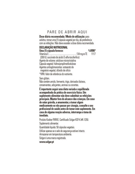 Vitamina E Seca 200 IU 50 cápsulas vegetales (134mg) Solgar
