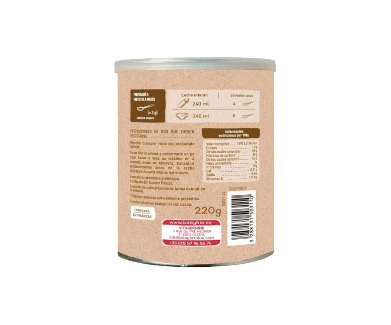 Papilla de cereales con cacao 8m+ 220 g de polvo Babybio