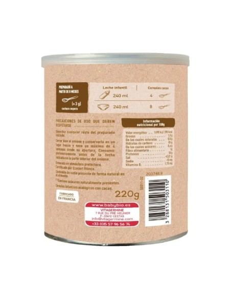 Papilla de cereales con cacao 8m+ 220 g de polvo Babybio