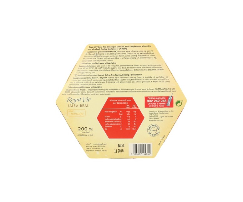 Jalea Real Royal Vit Ginseng 1000Mg 20 ampollas Dietisa