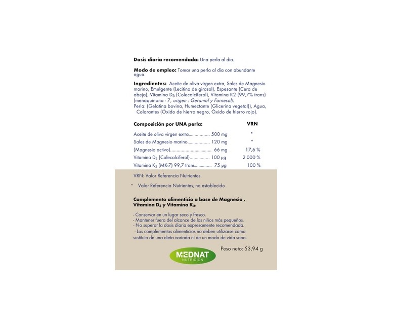 Vitamina D3+K2+Mg 60 perlas Mednat
