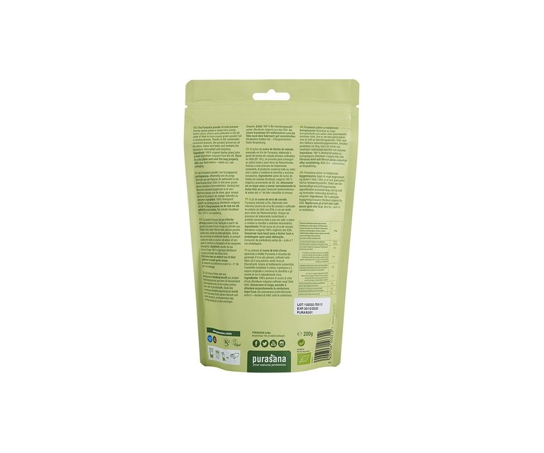 Zumo de hierba de cebada en polvo vegano bio 200 g de polvo Purasana