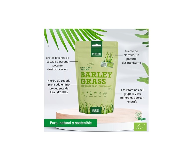Zumo de hierba de cebada en polvo vegano bio 200 g de polvo Purasana