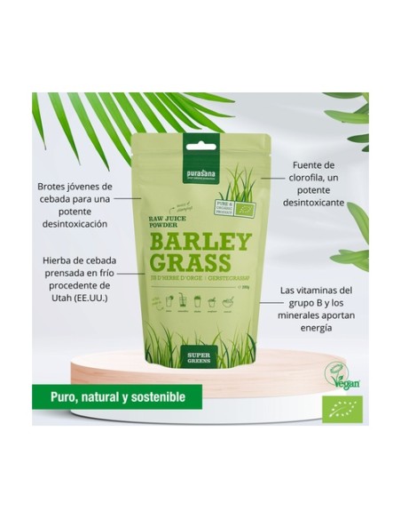 Zumo de hierba de cebada en polvo vegano bio 200 g de polvo Purasana