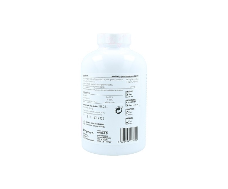 Aceite de Onagra y Vitamina E 450 perlas Herbora