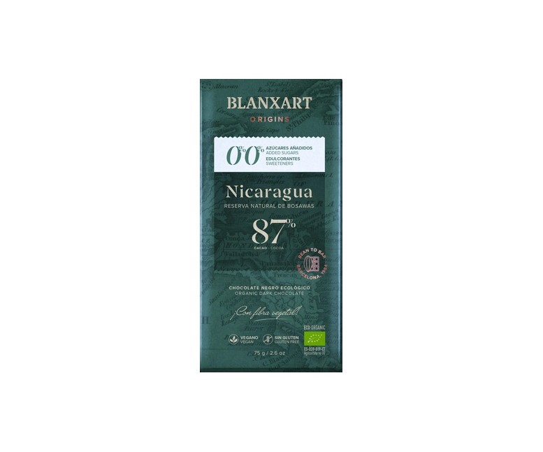 Chocolate Nicaragua 87% Eco sin azúcares añadidos y sin edulcorantes 75 g Blanxart