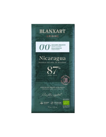Chocolate Nicaragua 87% Eco sin azúcares añadidos y sin edulcorantes 75 g Blanxart