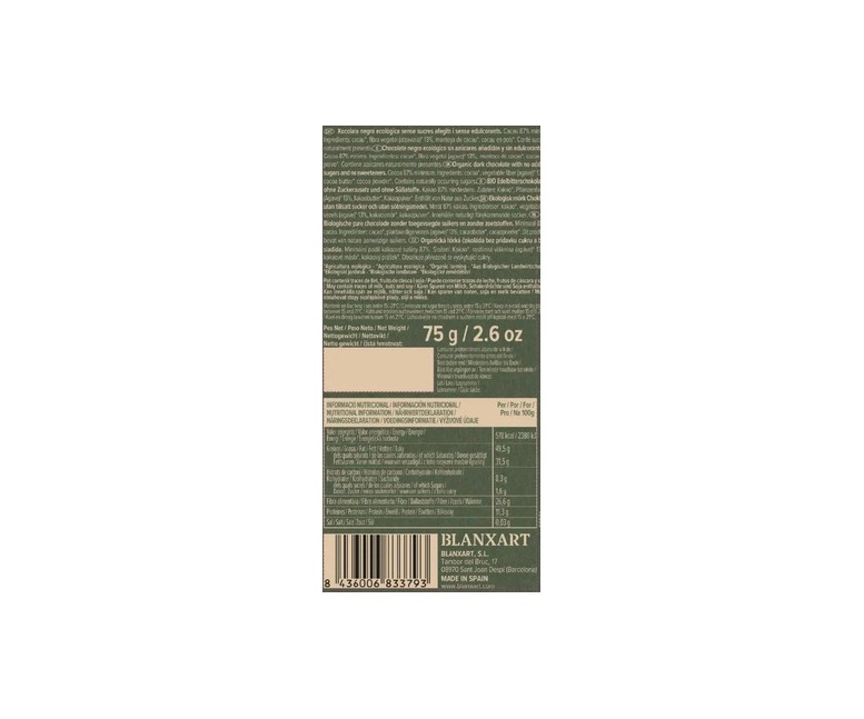 Chocolate Nicaragua 87% Eco sin azúcares añadidos y sin edulcorantes 75 g Blanxart