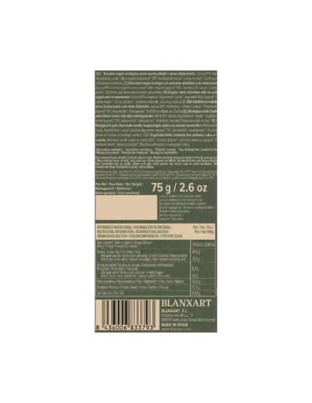 Chocolate Nicaragua 87% Eco sin azúcares añadidos y sin edulcorantes 75 g Blanxart