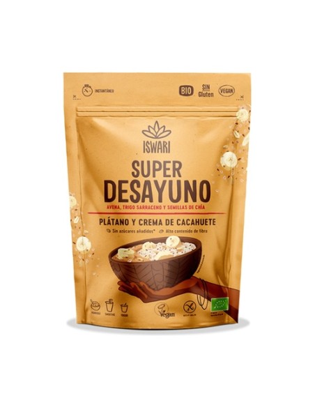 Super desayuno plátano y crema cacahuete Bio sin gluten vegan 360 g de polvo (Plátano) Iswari