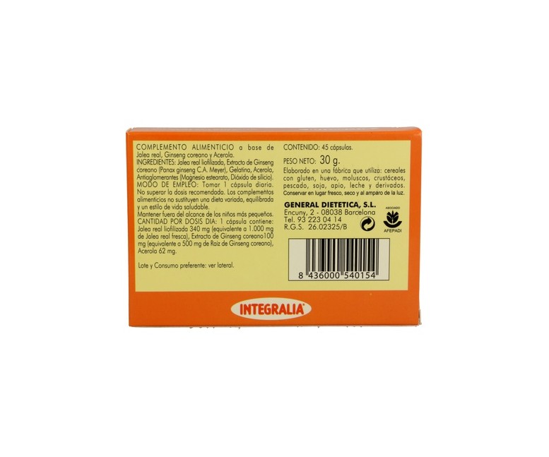 Jalea Real y Ginseng con Acerola 45 cápsulas Integralia