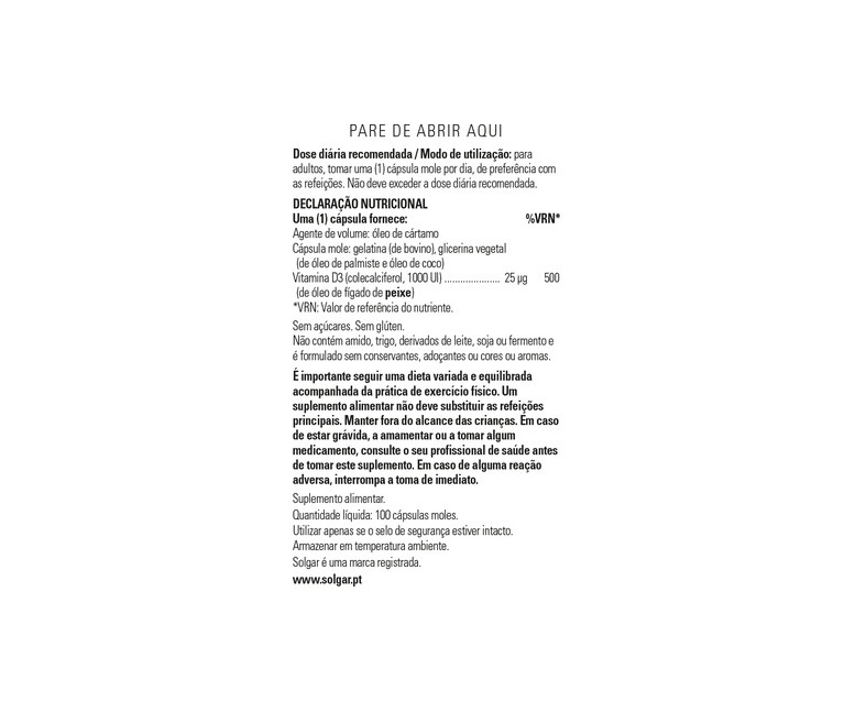Vitamina D3 1000 IU 100 perlas de 25μg Solgar