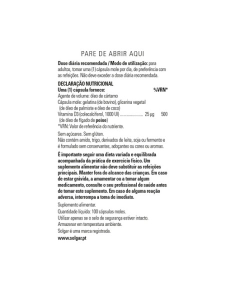 Vitamina D3 1000 IU 100 perlas de 25μg Solgar