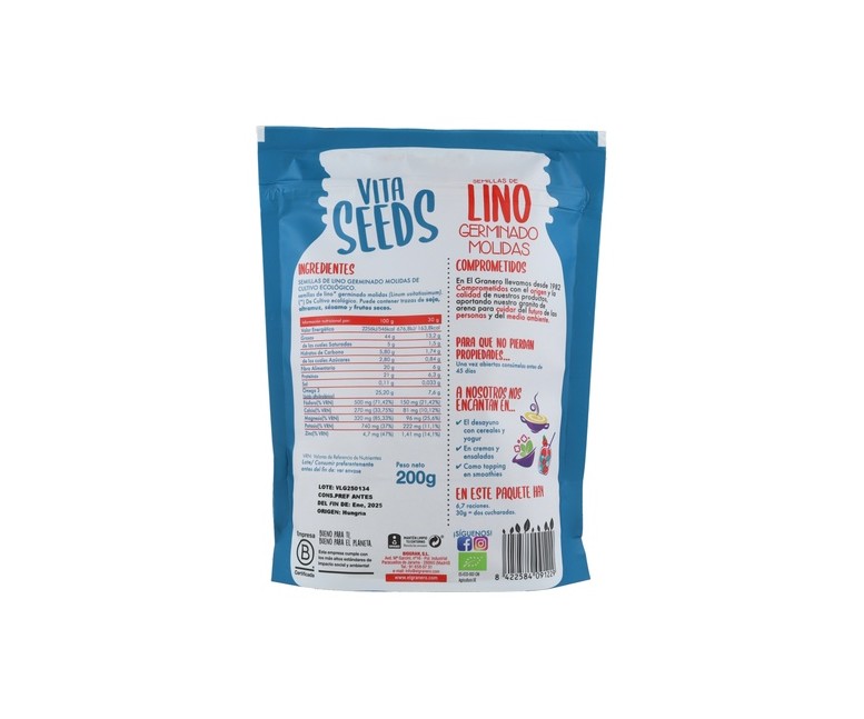 Vitaseeds semillas molidas de lino germinado sin gluten Bio 200 g El Granero Integral