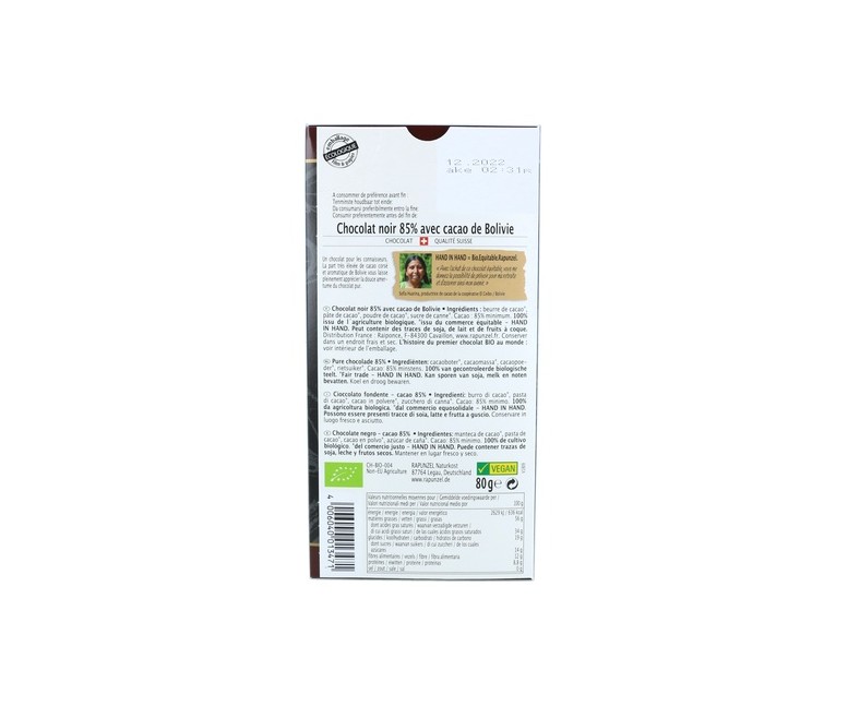 Chocolate negro vegan cacao 85% 80 g Rapunzel