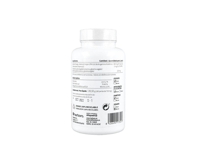 Aceite de Onagra y Vitamina E 180 perlas Herbora