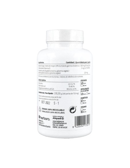 Aceite de Onagra y Vitamina E 180 perlas Herbora